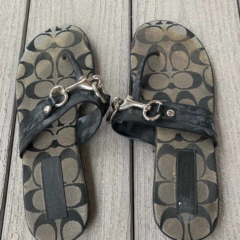 Coach Rikki Jelly Flat Thong Black and Silver Sandals w/ Logo & Buckle / Clasp - Picture 3 of 4